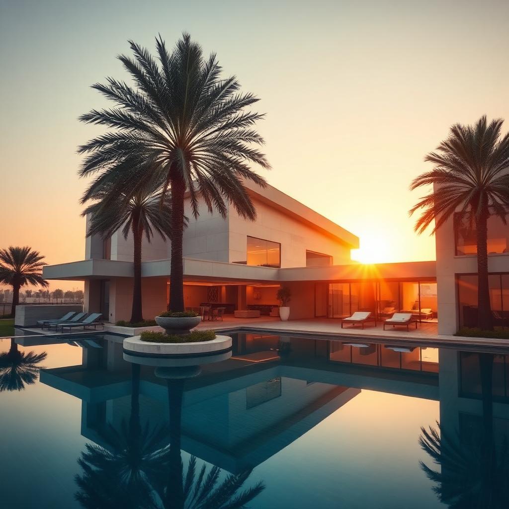 Cinematic view of a luxury Dubai villa at golden hour