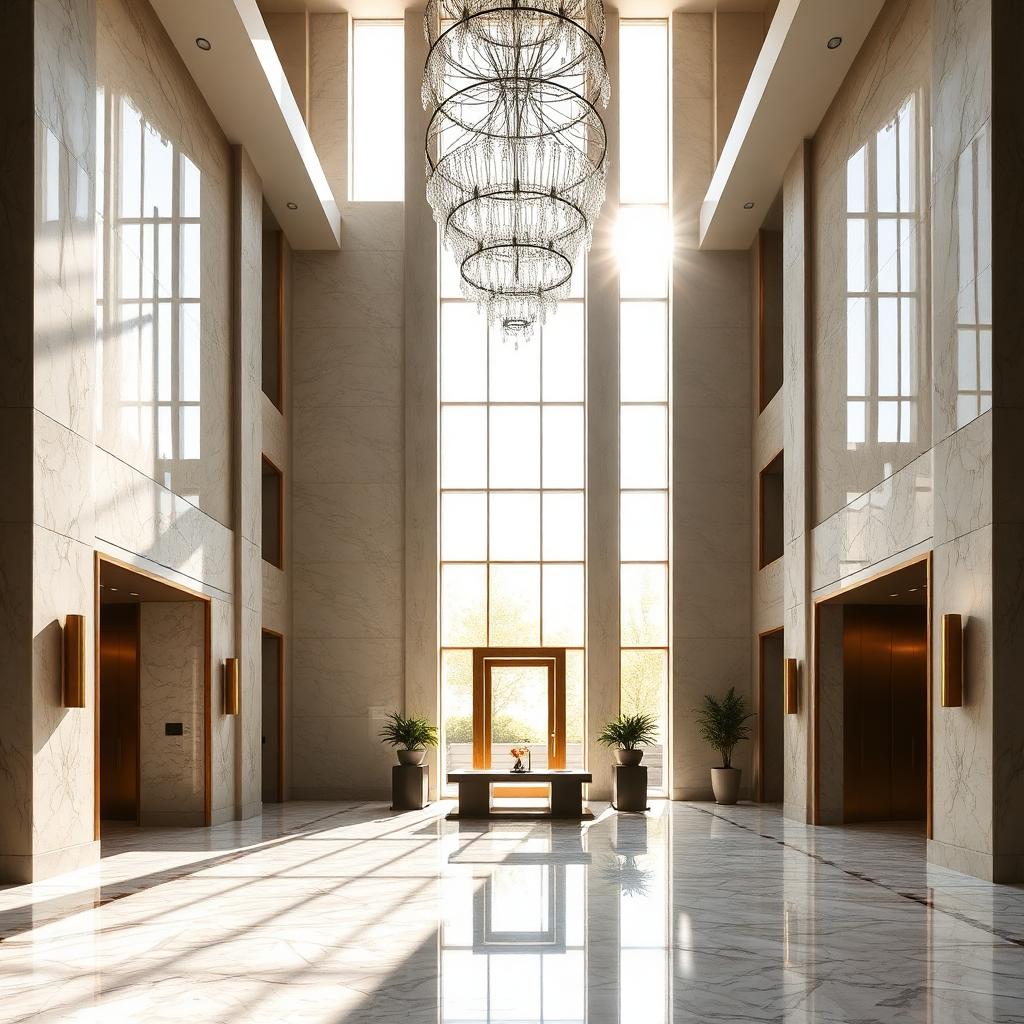 Double-height travertine and marble entrance lobby